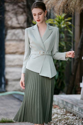 Olive Elegance Pleated Skirt and Belted Blazer Set